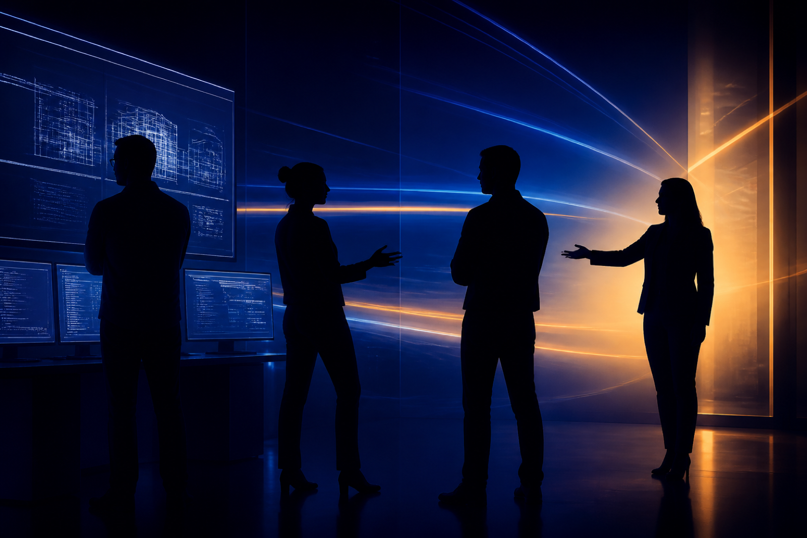 Anonymous silhouettes of the Pravadh Labs team collaborating
